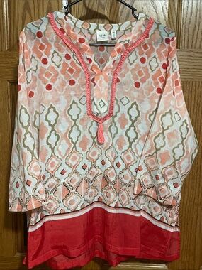 Rafaella Coral and Cream Geometric Tassel Tunic